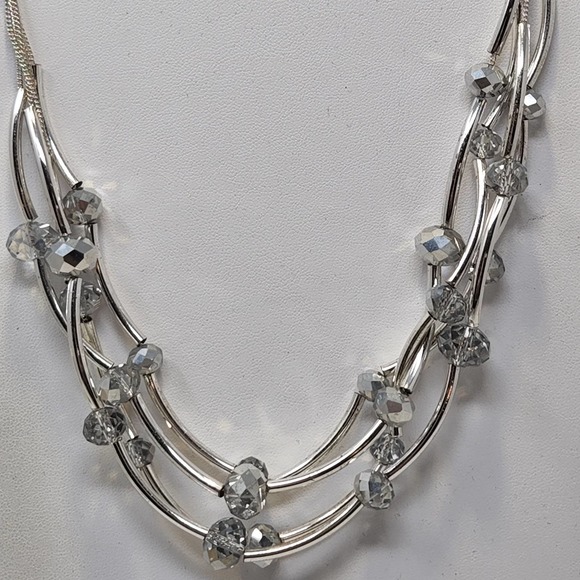 Kenneth Cole New York Silver Tone Multi Chain Necklace Tube Beads Rhinestones - Picture 2 of 7